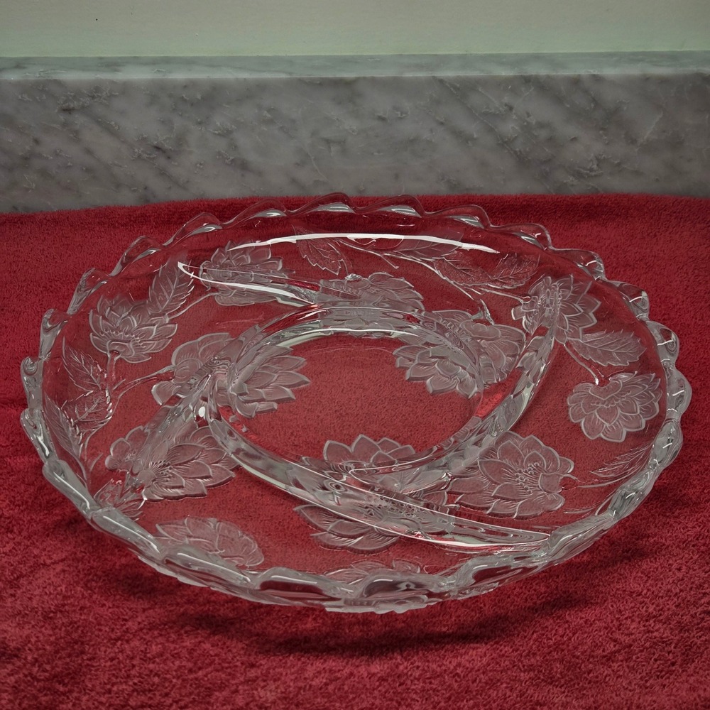 Vintage Crystal Clear Studios Divided Platter Frosted‎ Chrysanthemum, 13x13x1.75